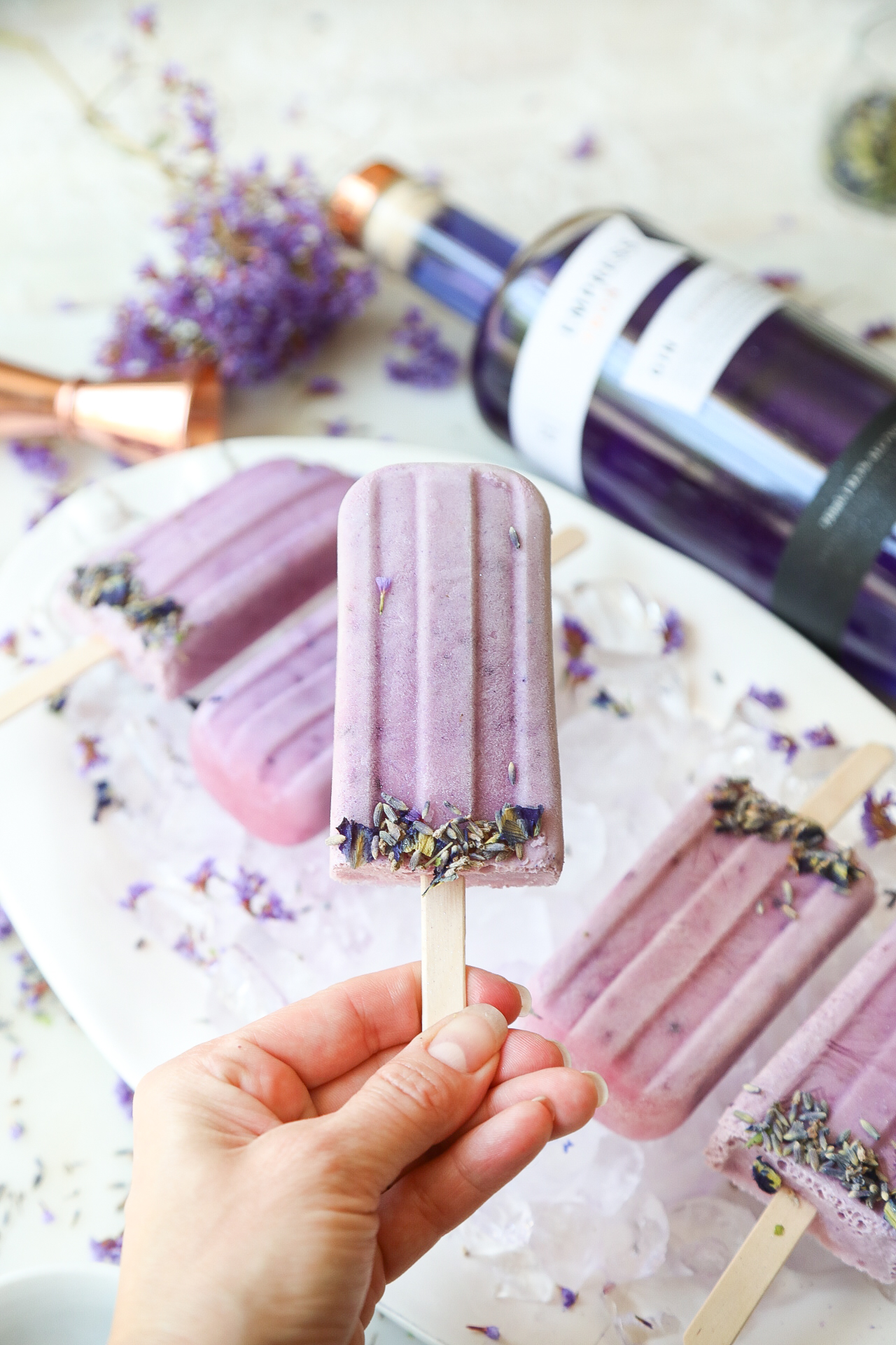 Boozy Lavender Blueberry Creamsicles made with Empress Gin